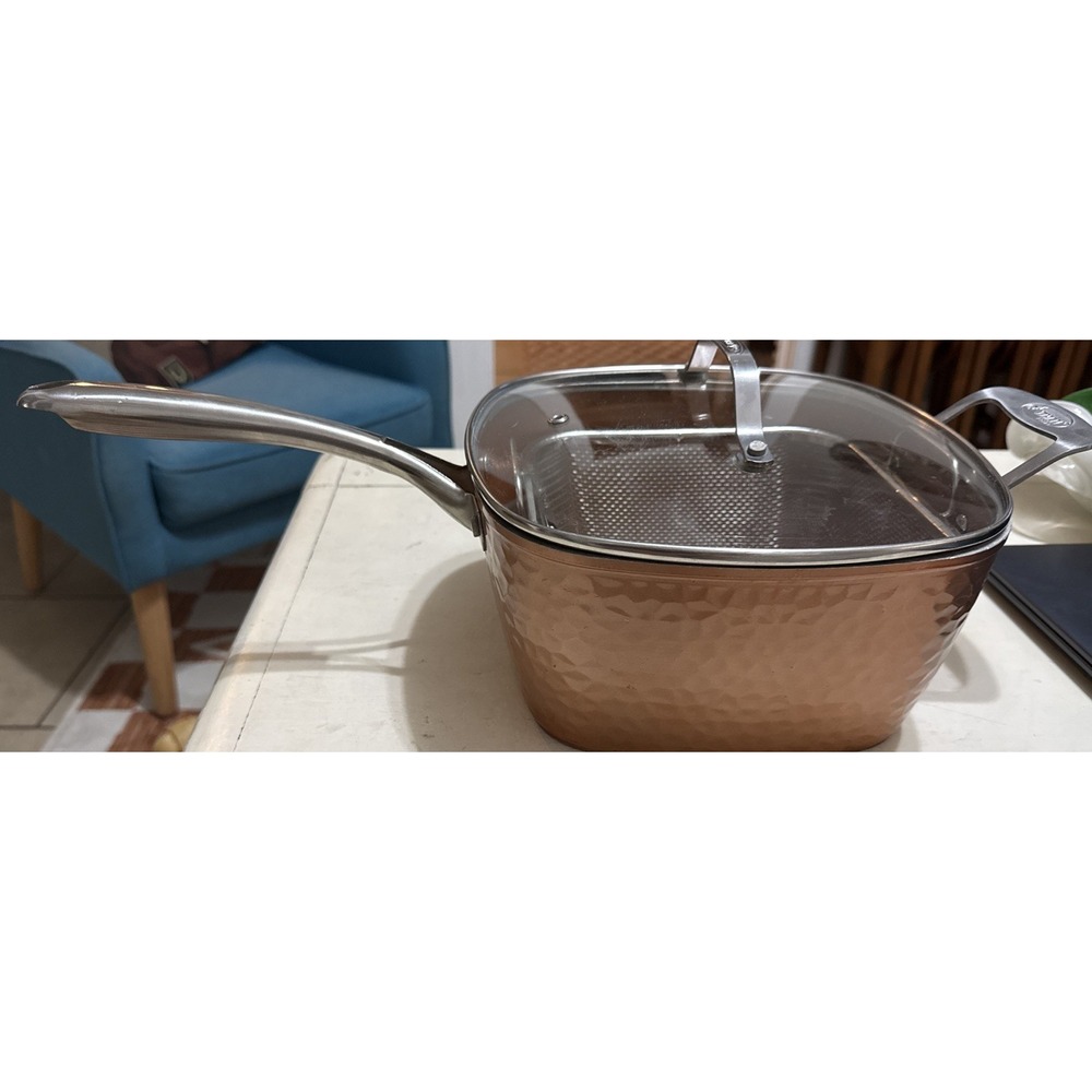 Square Non-Stick Frying Handled Deep Pan Lid Basket -Gotham Steel Copper EUC